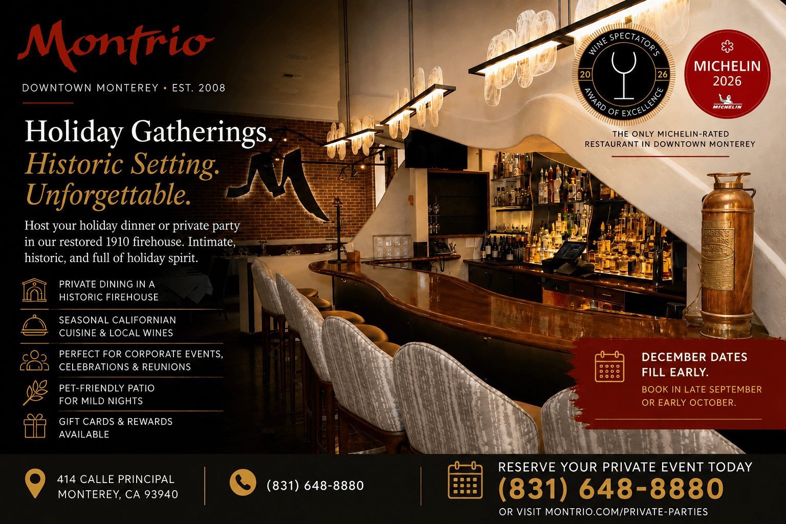 Booking Holiday Dinners and Private Parties at Montrio in Downtown Monterey